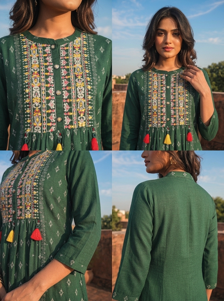 Green Rayon Diamond Butti Printed Dress