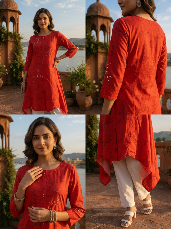 Red Muslin Quirky Animal Printed Kurta