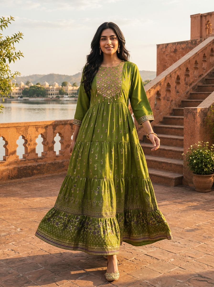 Green Muslin Scattered Floral Butti Printed Dress