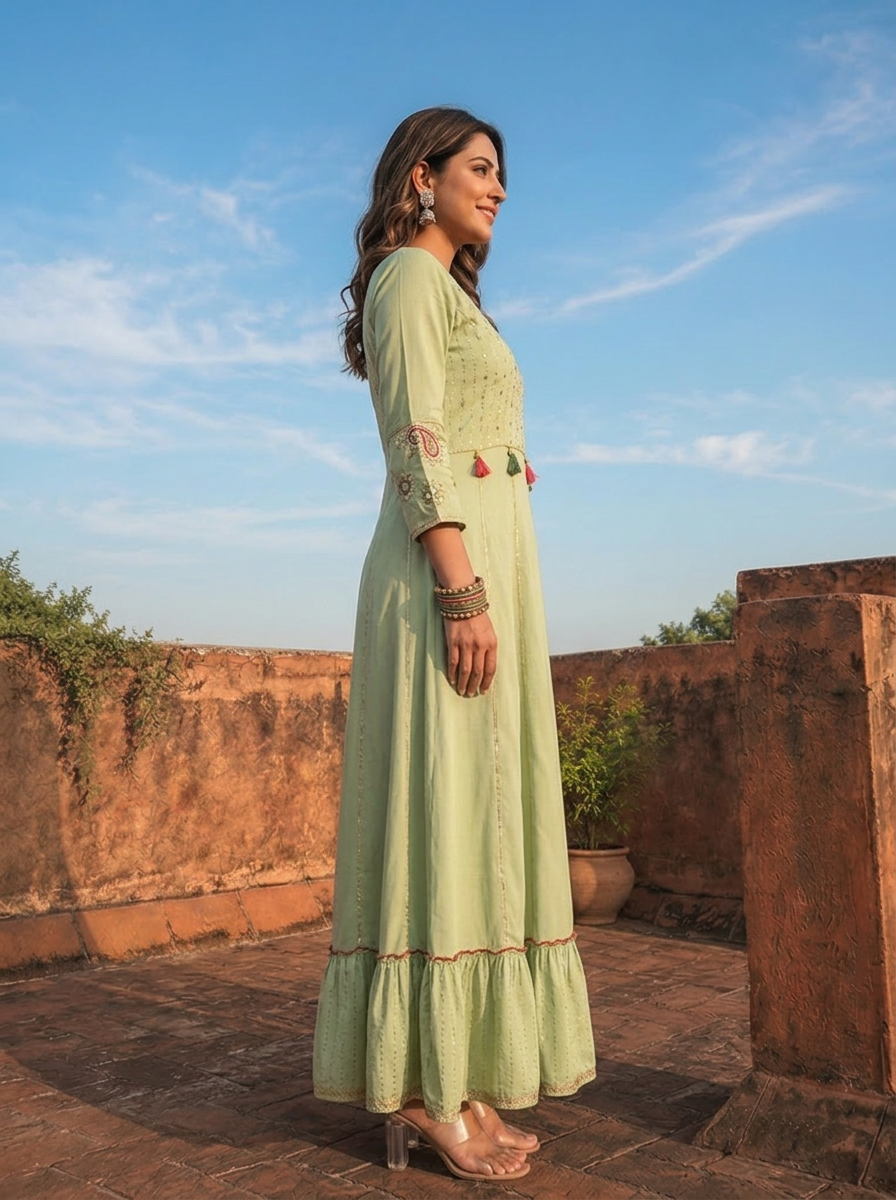 Pista Rayon Ruffle Thread Embroidered Dress