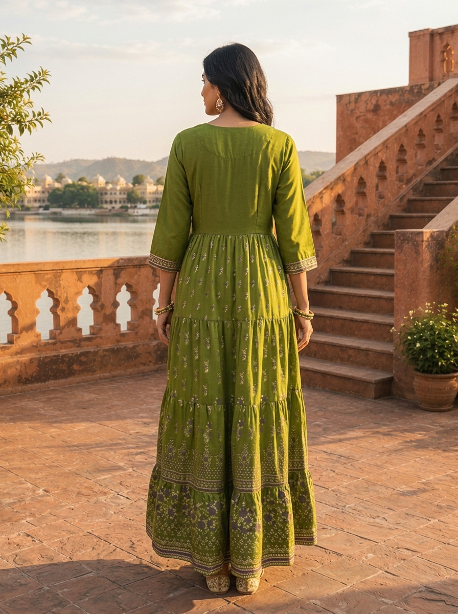 Green Muslin Scattered Floral Butti Printed Dress