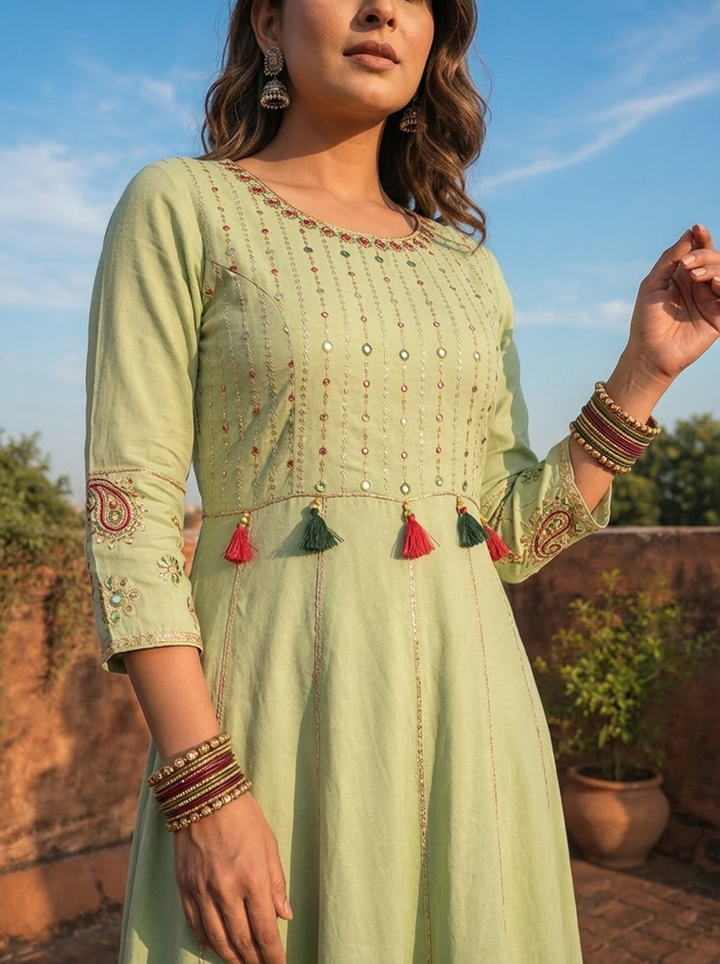 Pista Rayon Ruffle Thread Embroidered Dress