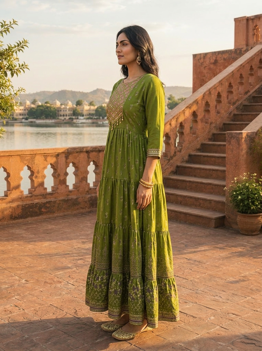 Green Muslin Scattered Floral Butti Printed Dress