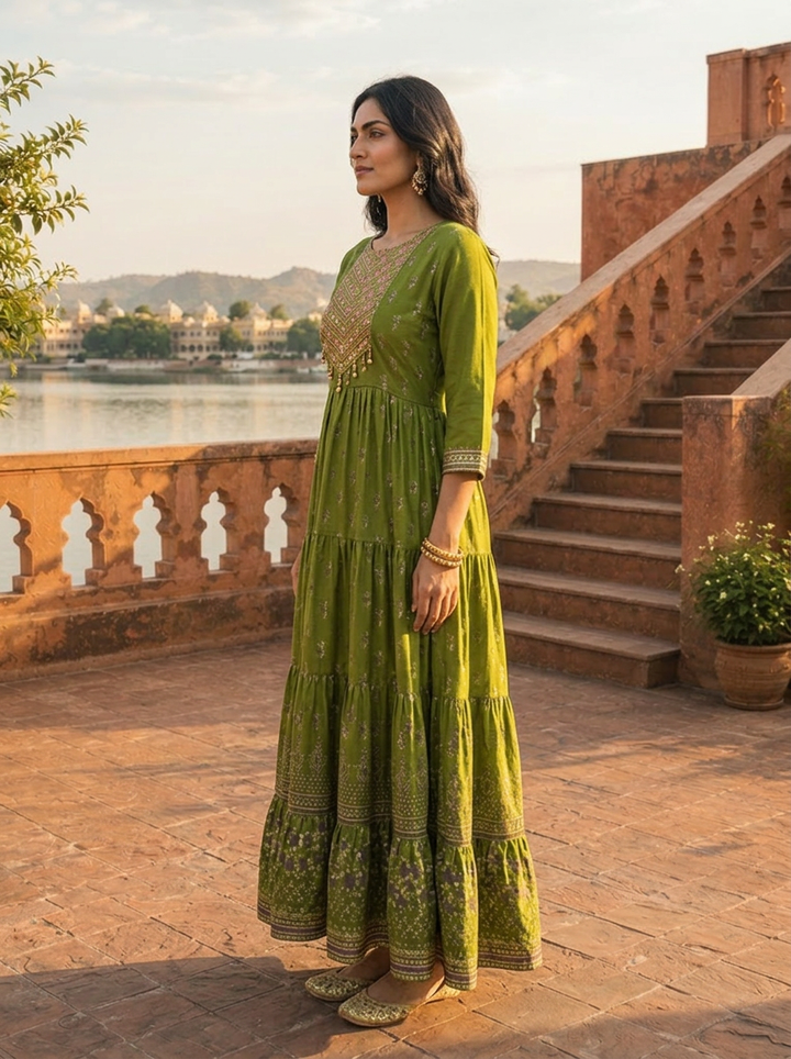 Green Muslin Scattered Floral Butti Printed Dress