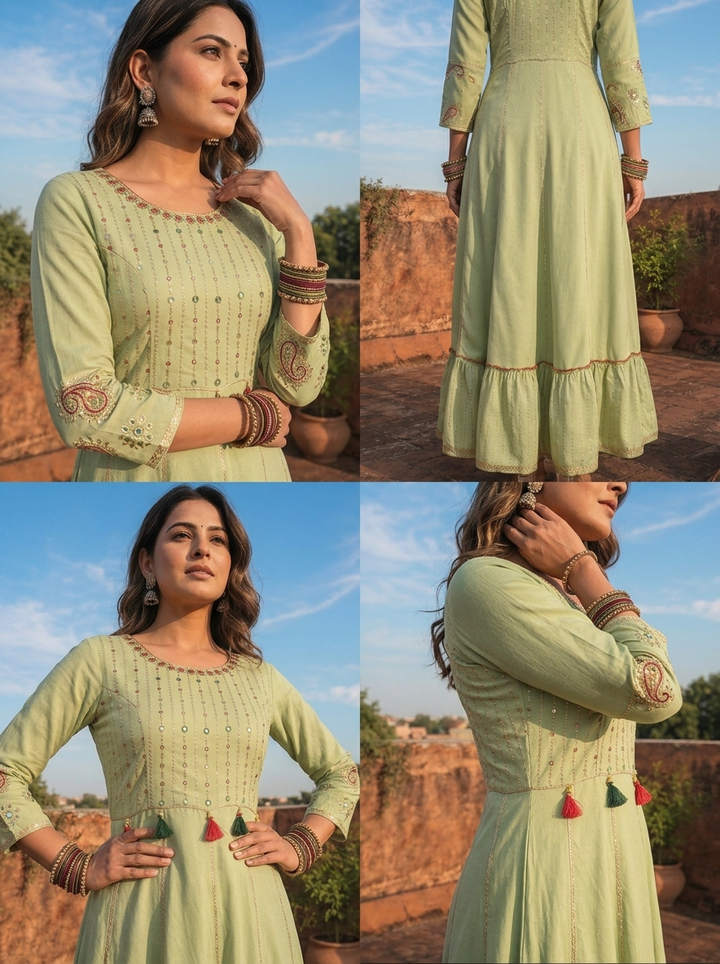 Pista Rayon Ruffle Thread Embroidered Dress
