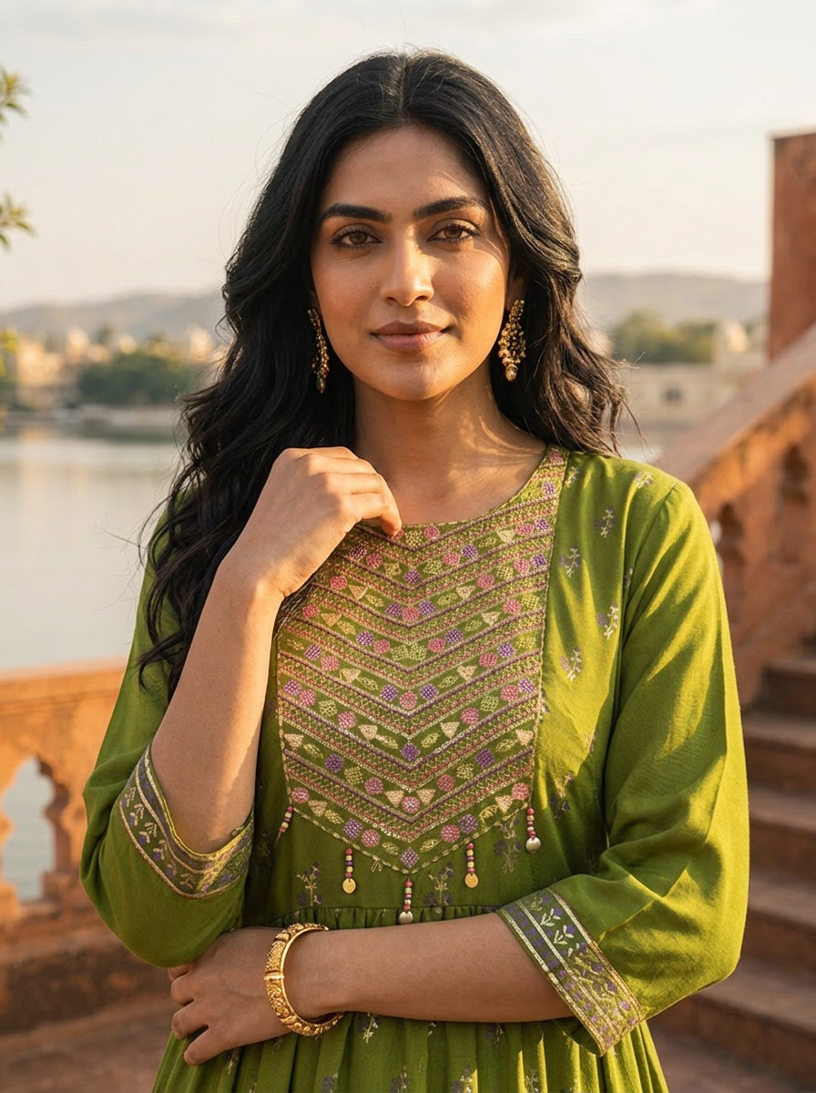 Green Muslin Scattered Floral Butti Printed Dress