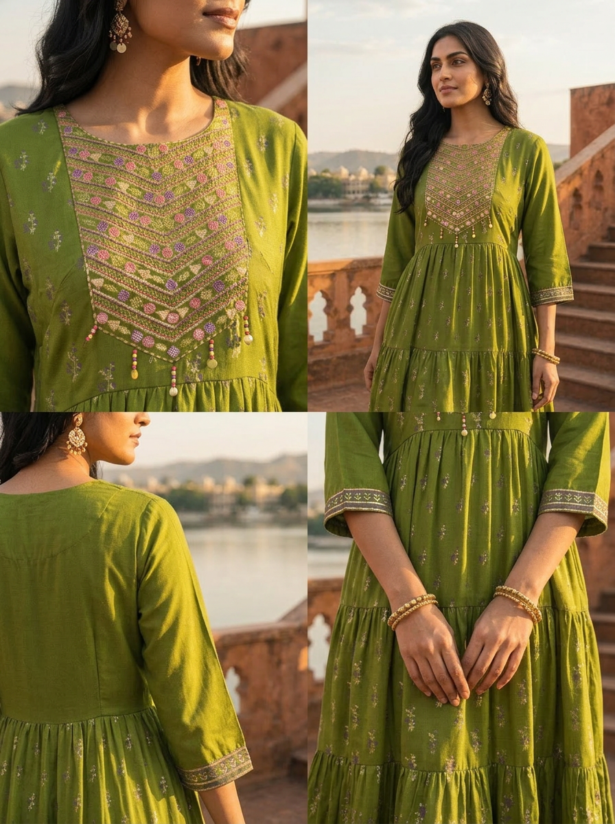Green Muslin Scattered Floral Butti Printed Dress