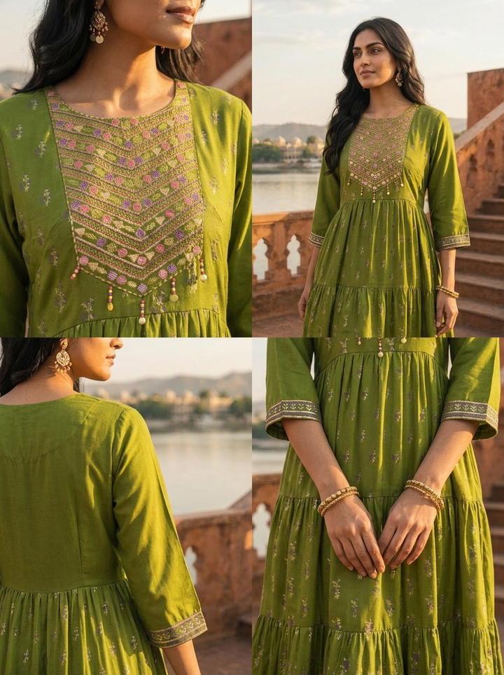 Green Muslin Scattered Floral Butti Printed Dress