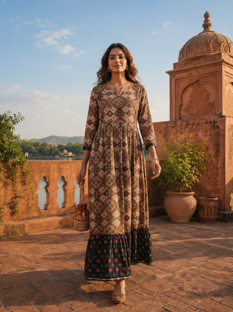 Grey Rayon Diamond Maze Motifs Printed Dress