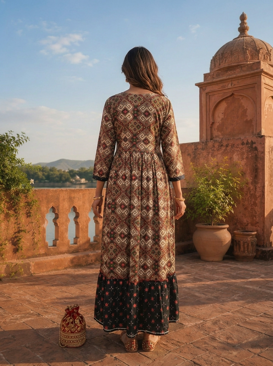 Grey Rayon Diamond Maze Motifs Printed Dress
