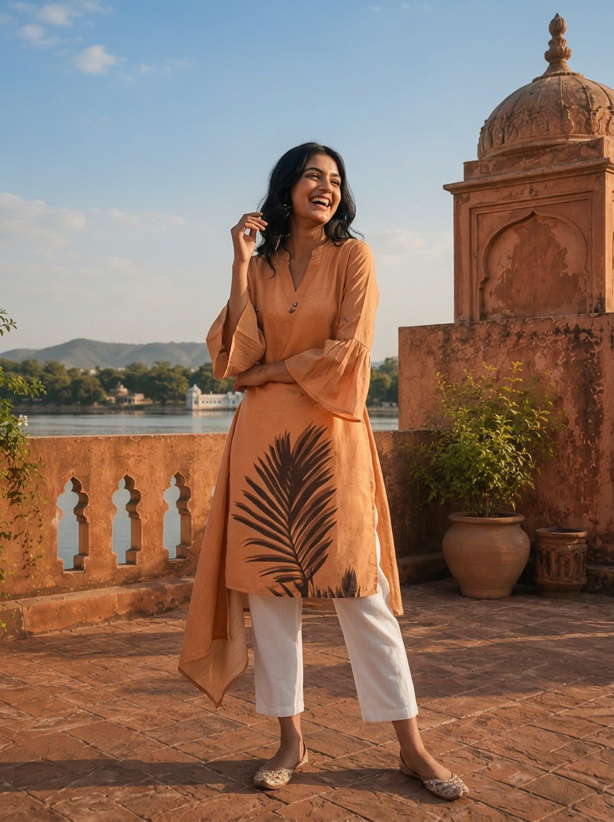 Mustard Rayon Tropical Palm Leaf Digital Printed Kurta