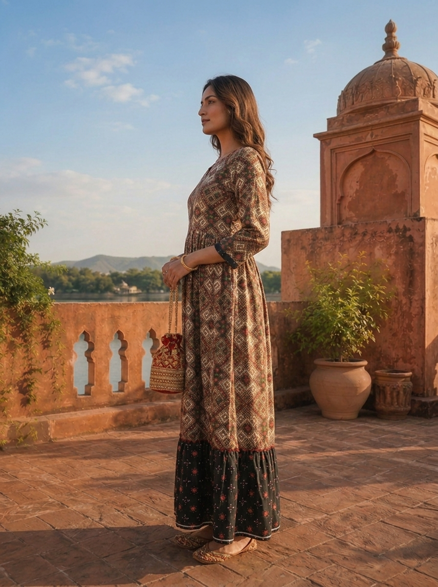 Grey Rayon Diamond Maze Motifs Printed Dress