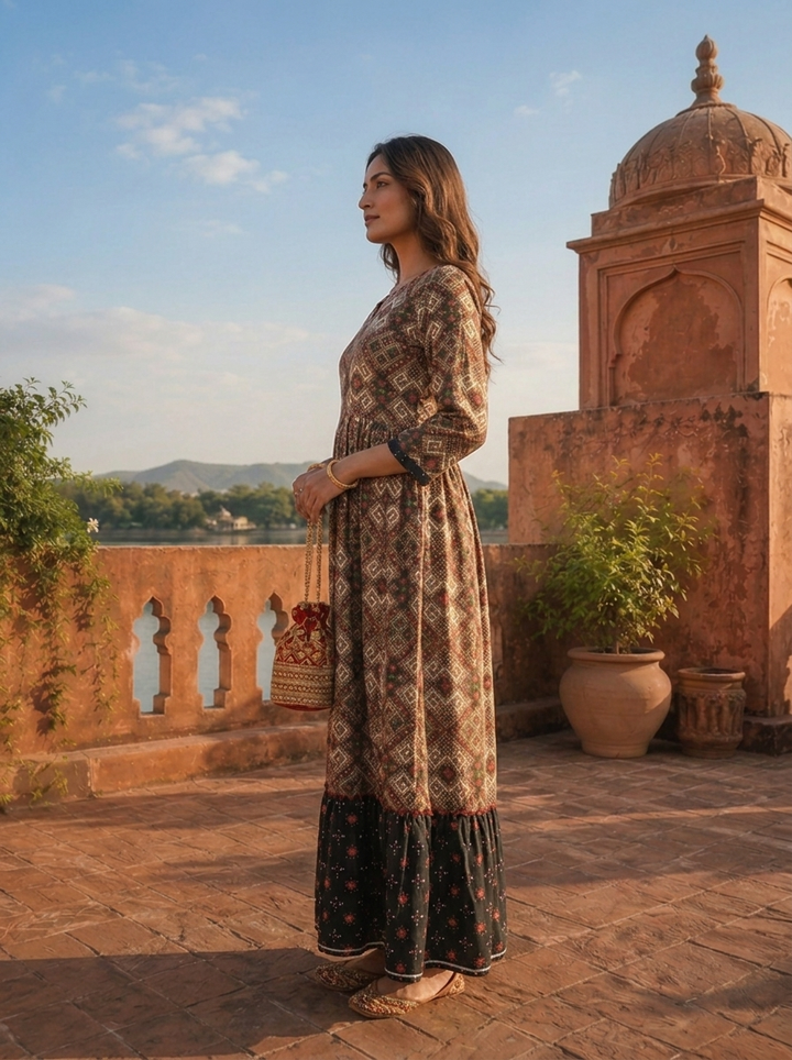 Grey Rayon Diamond Maze Motifs Printed Dress