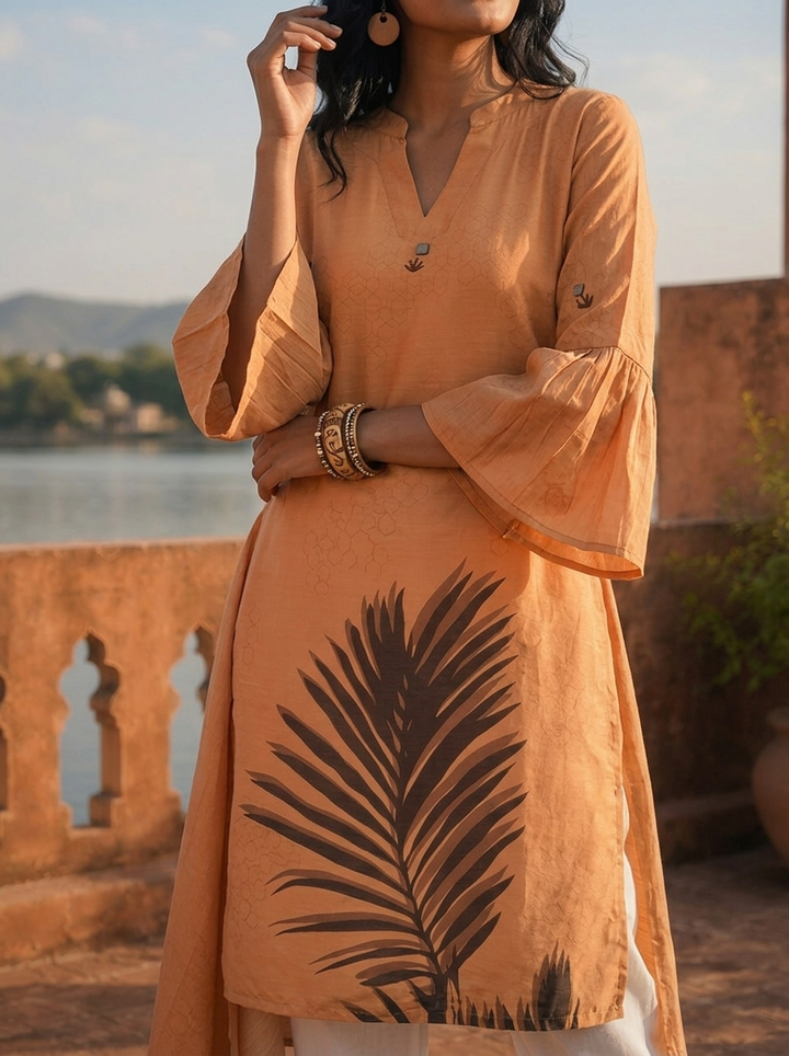 Mustard Rayon Tropical Palm Leaf Digital Printed Kurta