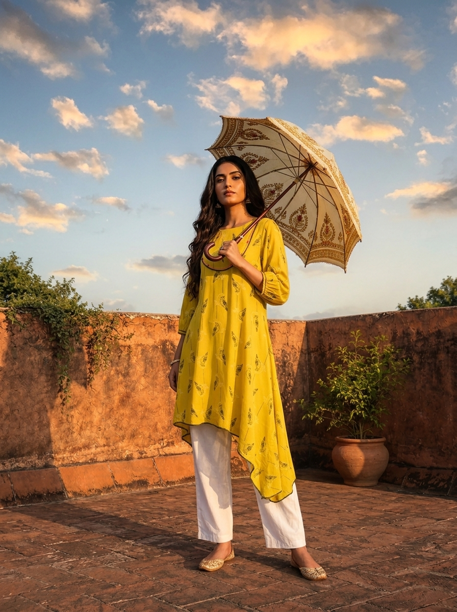Lemon Yellow Rayon Parrot Motif Printed Kurta