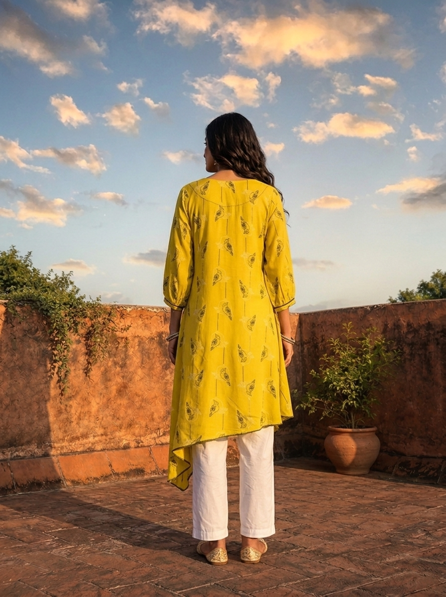 Lemon Yellow Rayon Parrot Motif Printed Kurta