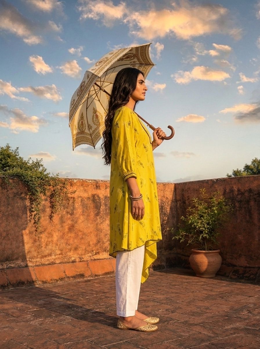 Lemon Yellow Rayon Parrot Motif Printed Kurta