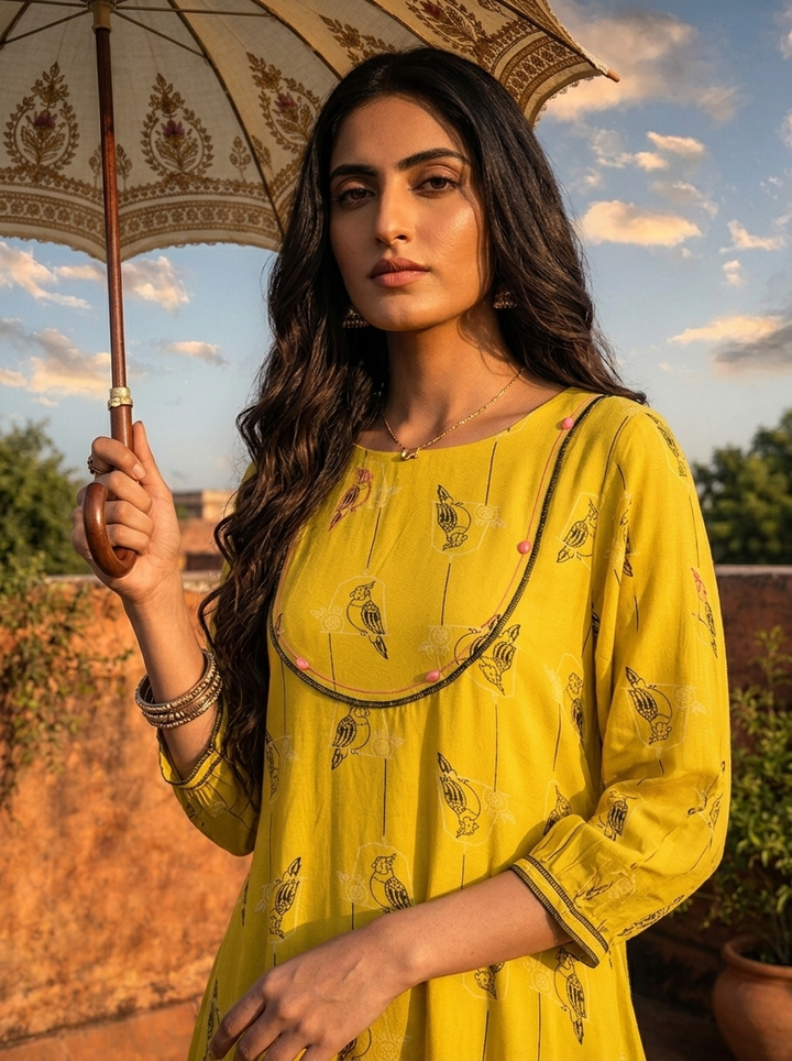 Lemon Yellow Rayon Parrot Motif Printed Kurta