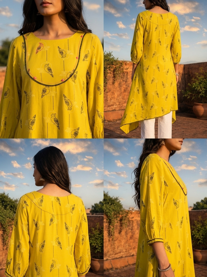 Lemon Yellow Rayon Parrot Motif Printed Kurta