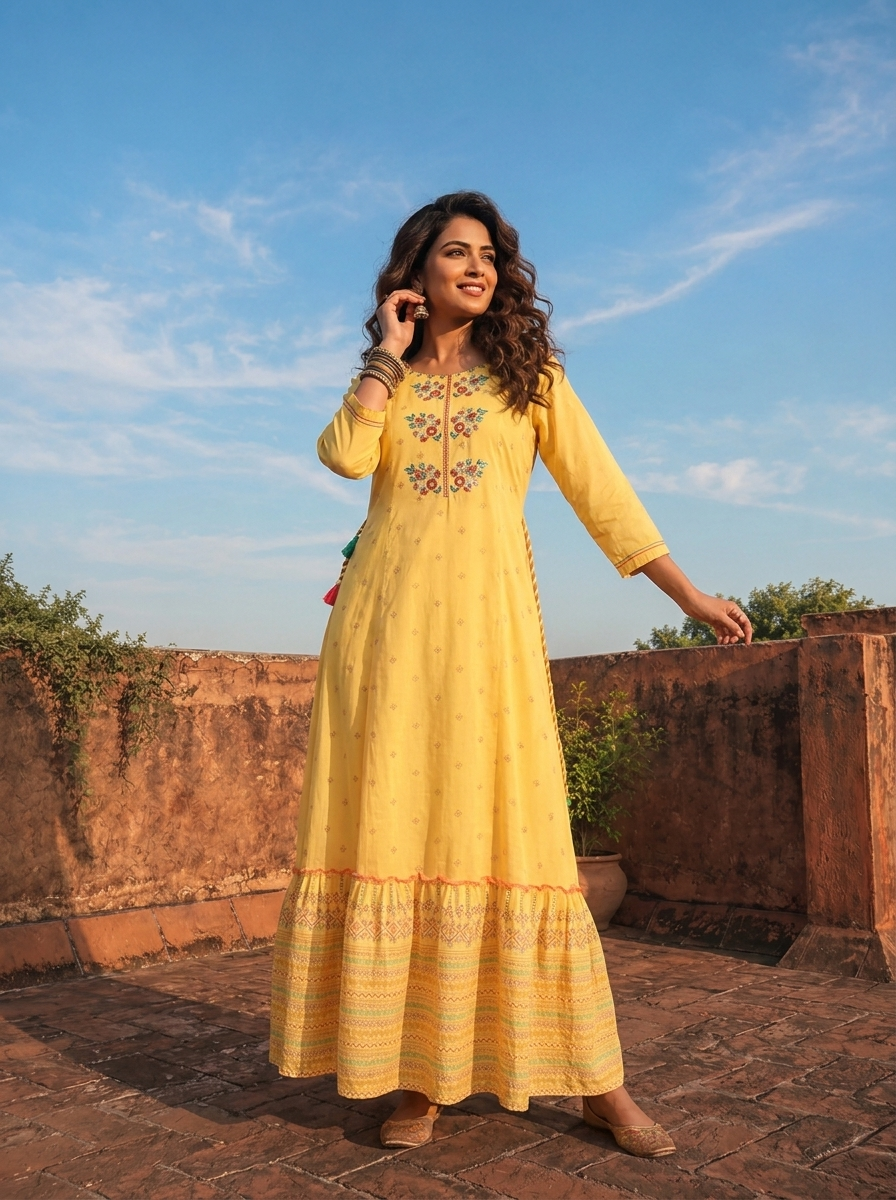 Yellow Cotton Multi-Color Tribal Printed Dress