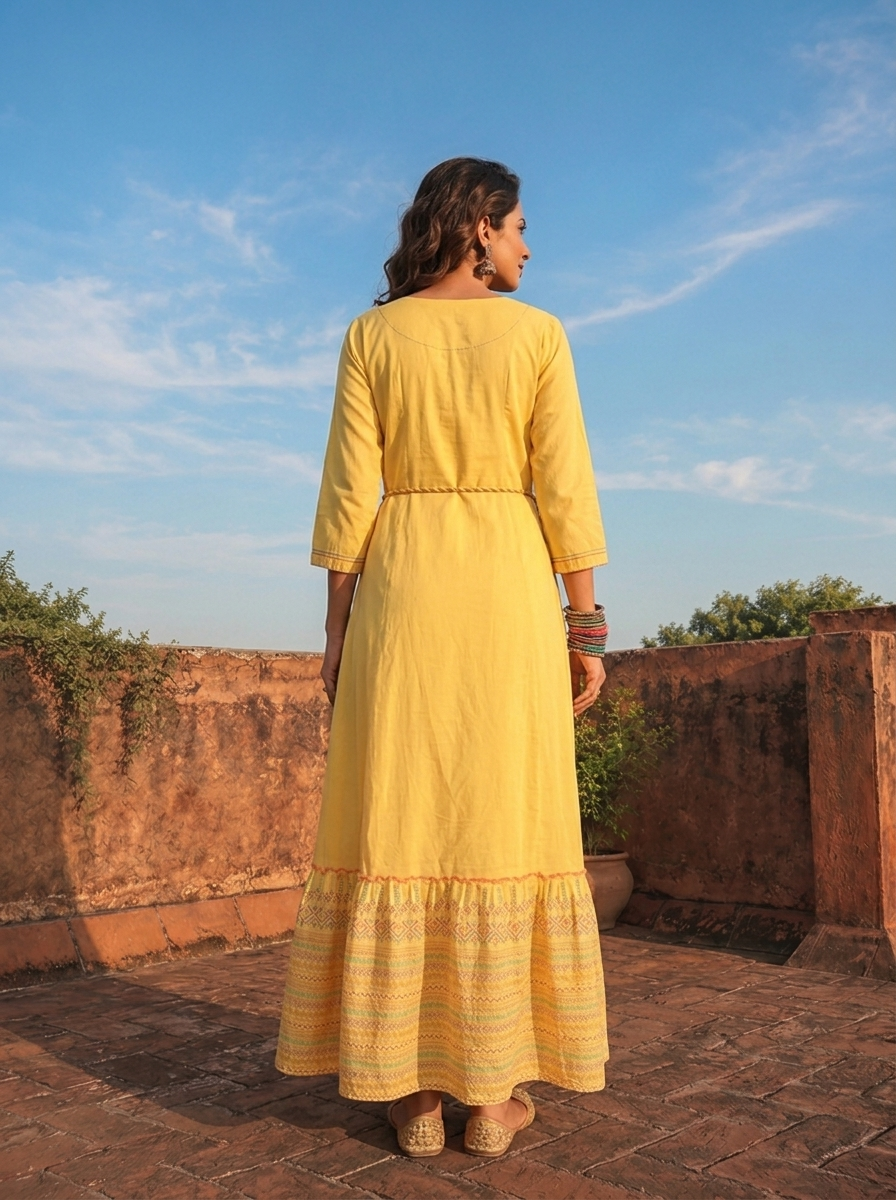 Yellow Cotton Multi-Color Tribal Printed Dress