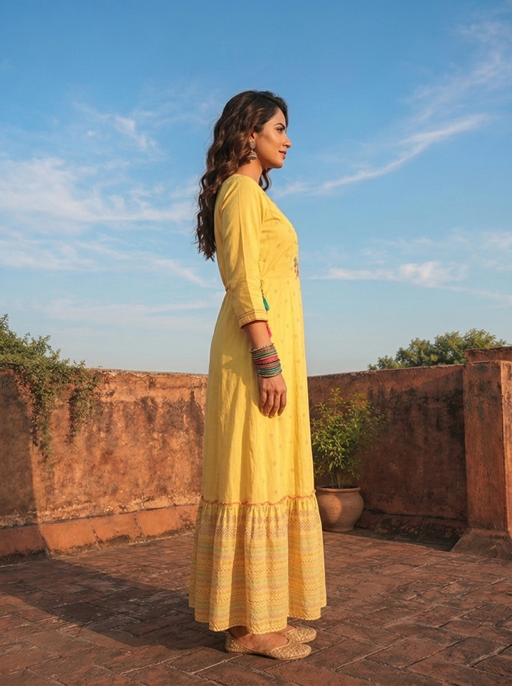 Yellow Cotton Multi-Color Tribal Printed Dress
