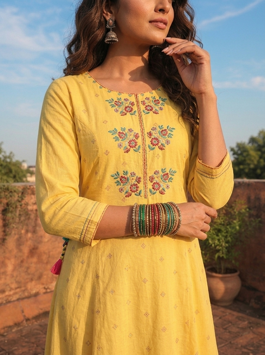 Yellow Cotton Multi-Color Tribal Printed Dress
