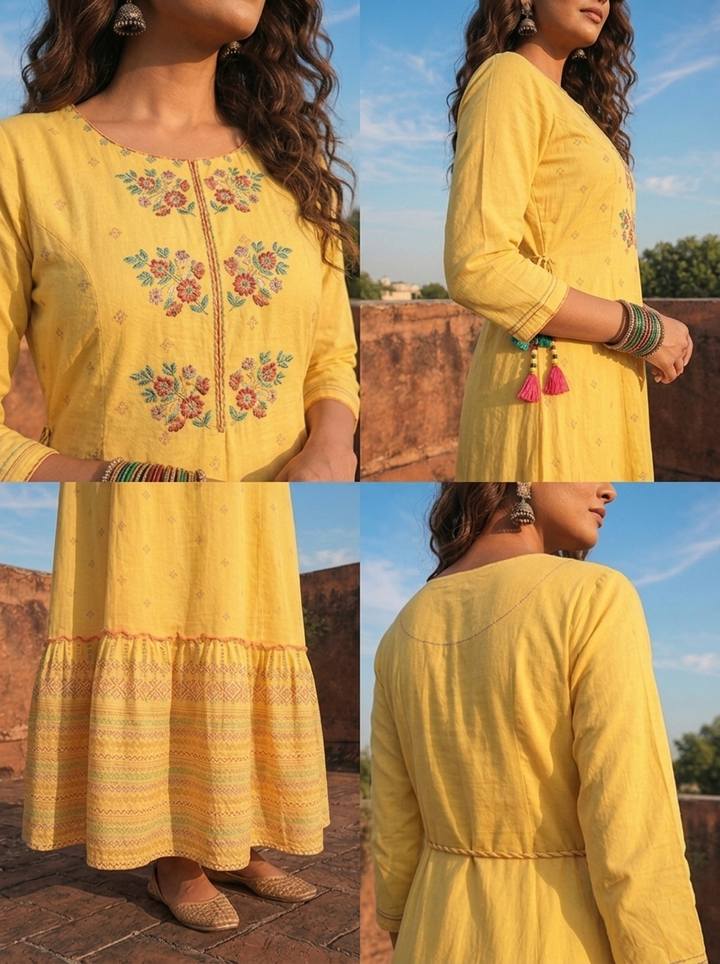 Yellow Cotton Multi-Color Tribal Printed Dress