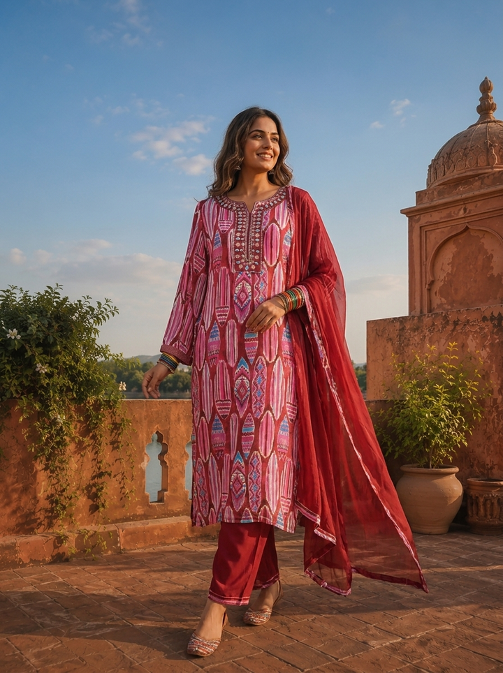 Magenta Crepe Abstract Tribal Printed Three Piece Set