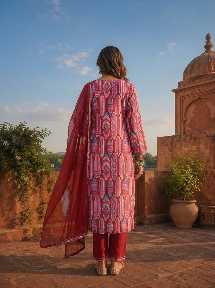 Magenta Crepe Abstract Tribal Printed Three Piece Set