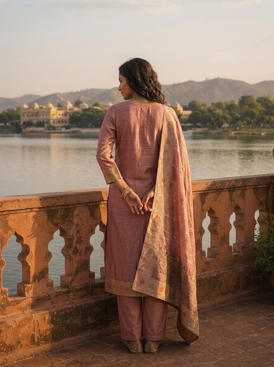 Onion Pink Silk Botanical Garden Motifs Weaved Three Piece Set