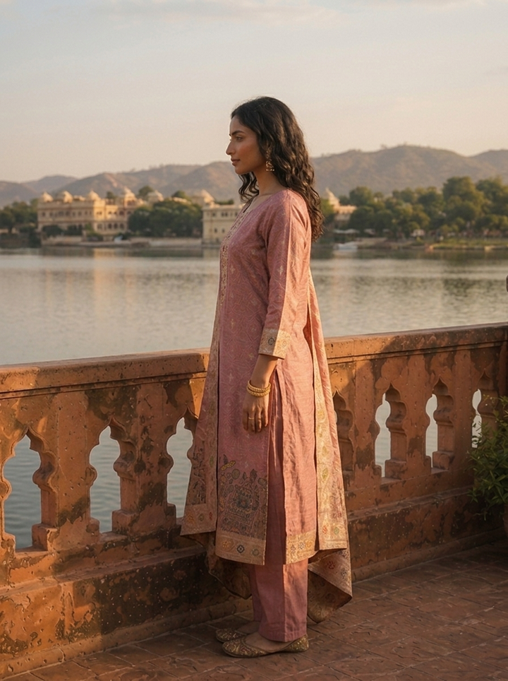Onion Pink Silk Botanical Garden Motifs Weaved Three Piece Set