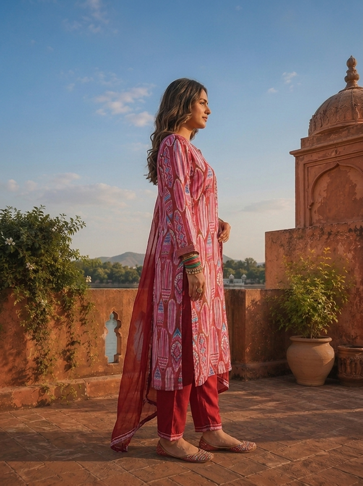 Magenta Crepe Abstract Tribal Printed Three Piece Set