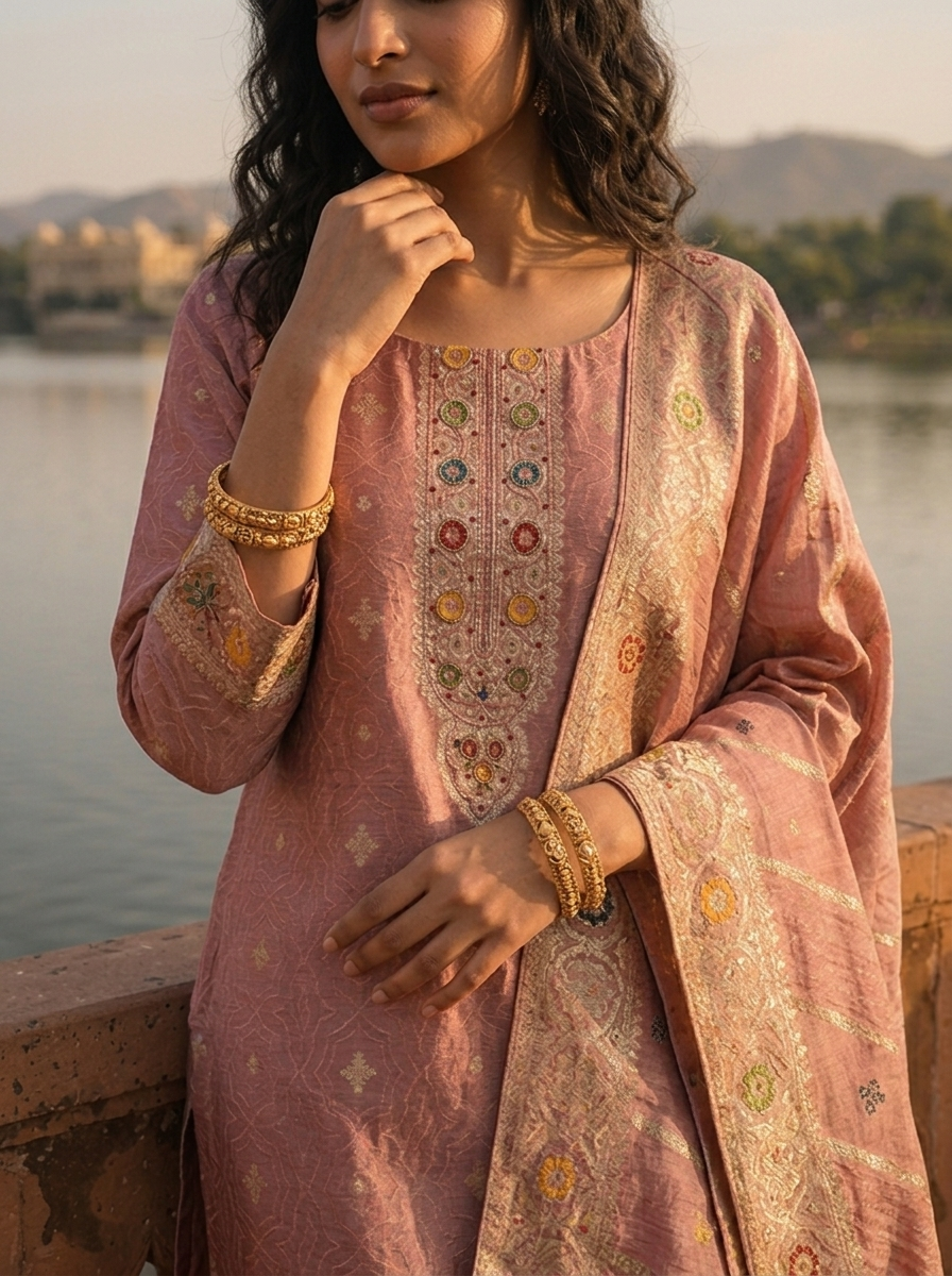 Onion Pink Silk Botanical Garden Motifs Weaved Three Piece Set