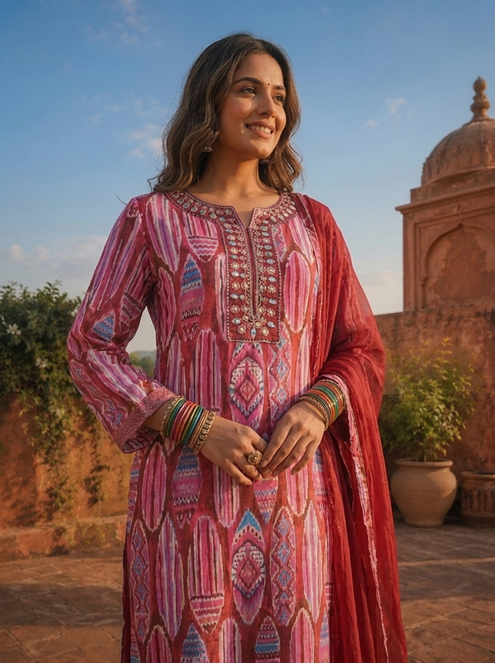 Magenta Crepe Abstract Tribal Printed Three Piece Set