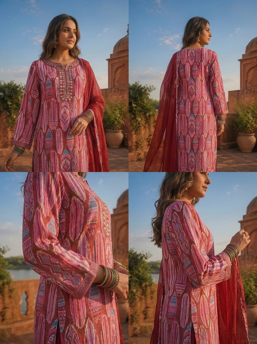 Magenta Crepe Abstract Tribal Printed Three Piece Set