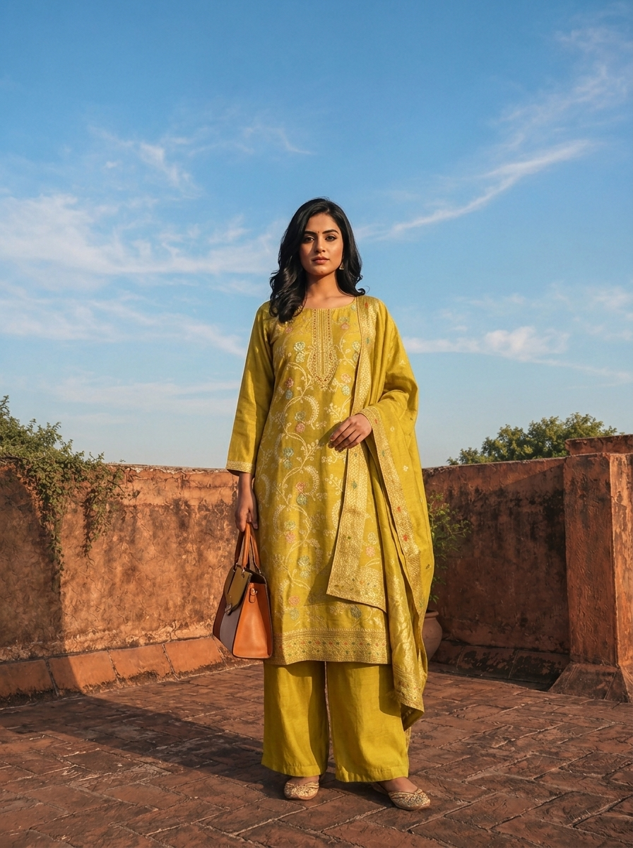 Variyali Green Banaras Silk Scrolling Creeper Pattern Weaved Three Piece Set