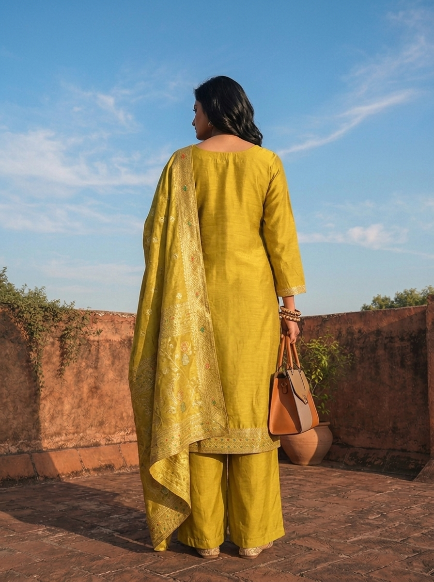 Variyali Green Banaras Silk Scrolling Creeper Pattern Weaved Three Piece Set
