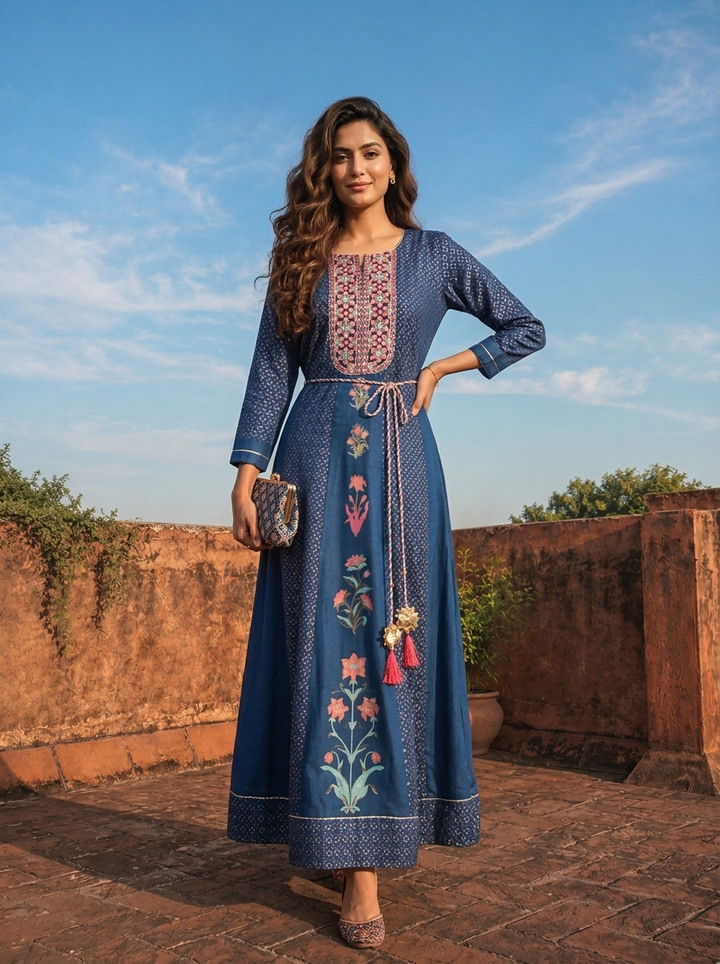 Blue Muslin Geometric Floral Motifs Printed Dress
