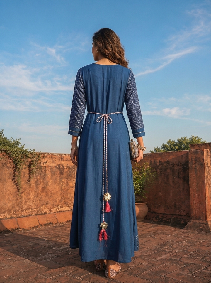 Blue Muslin Geometric Floral Motifs Printed Dress