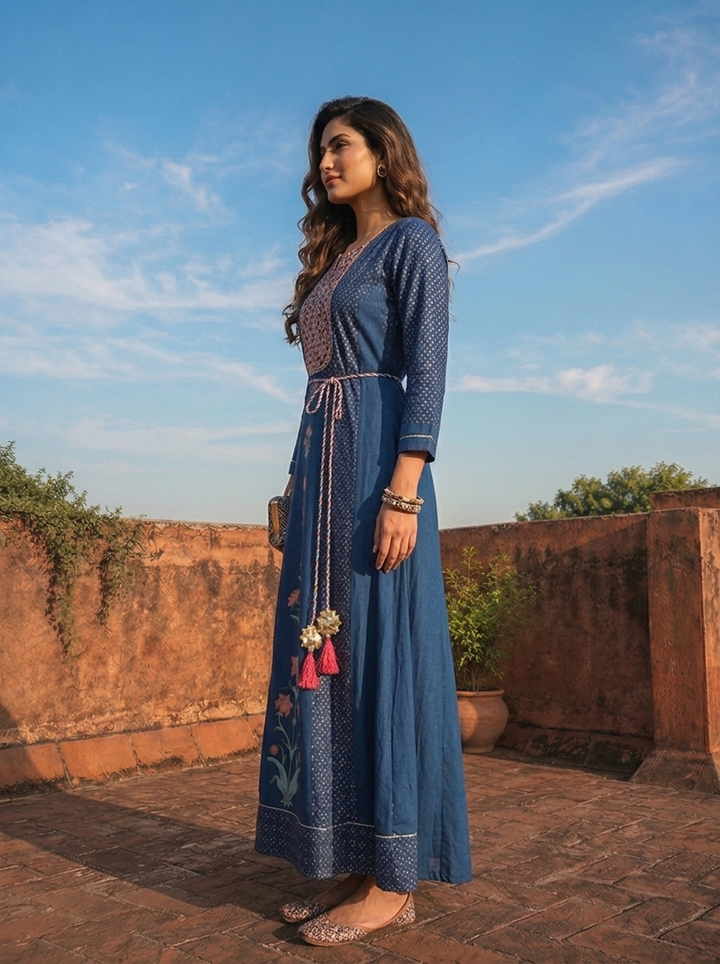 Blue Muslin Geometric Floral Motifs Printed Dress