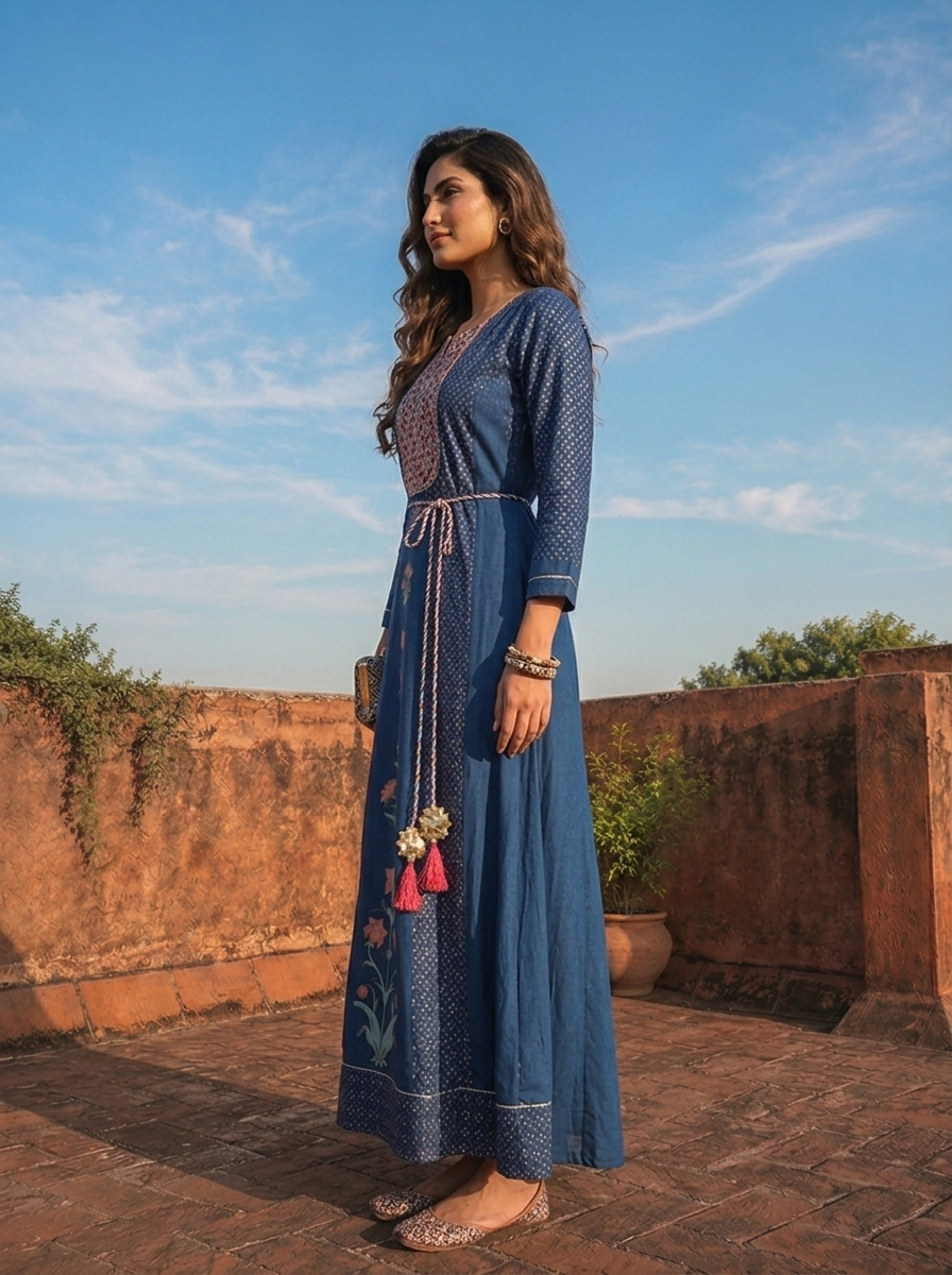 Blue Muslin Geometric Floral Motifs Printed Dress