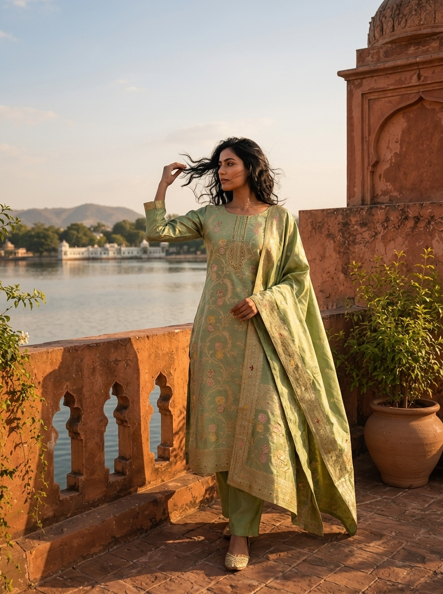 Sea Green Banaras Silk Scrolling Creeper Pattern Weaved Three Piece Set