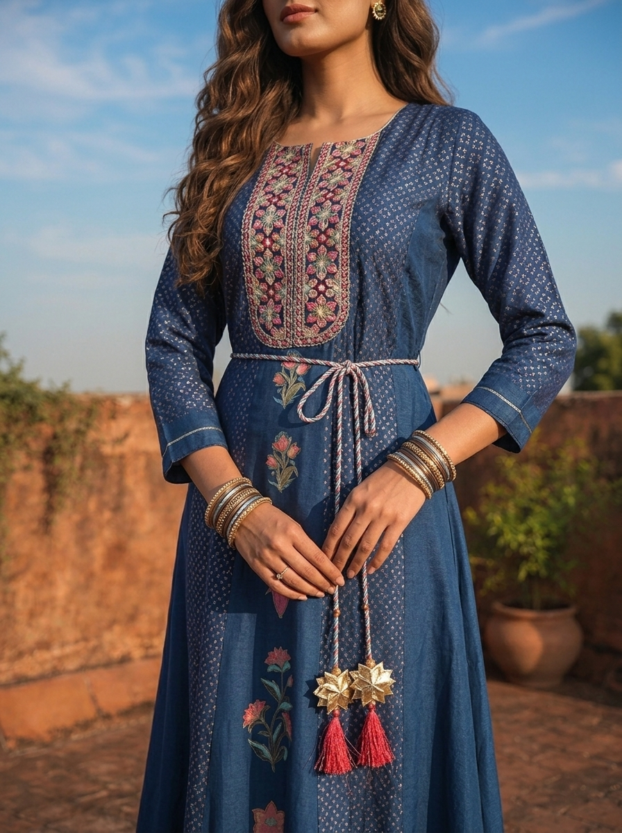 Blue Muslin Geometric Floral Motifs Printed Dress