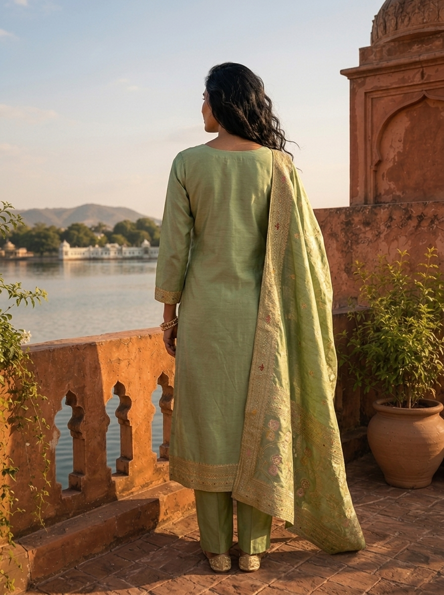 Sea Green Banaras Silk Scrolling Creeper Pattern Weaved Three Piece Set
