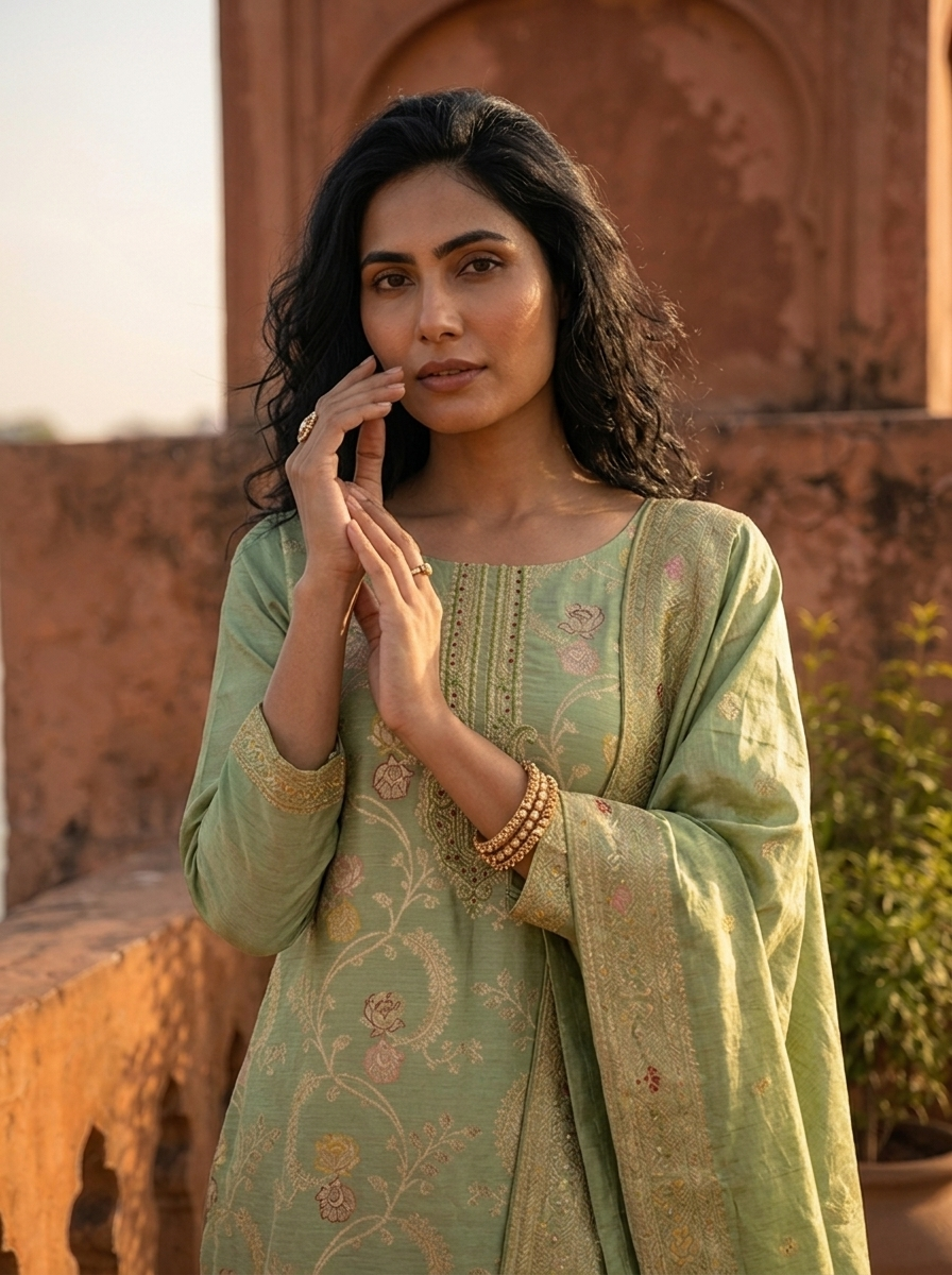 Sea Green Banaras Silk Scrolling Creeper Pattern Weaved Three Piece Set