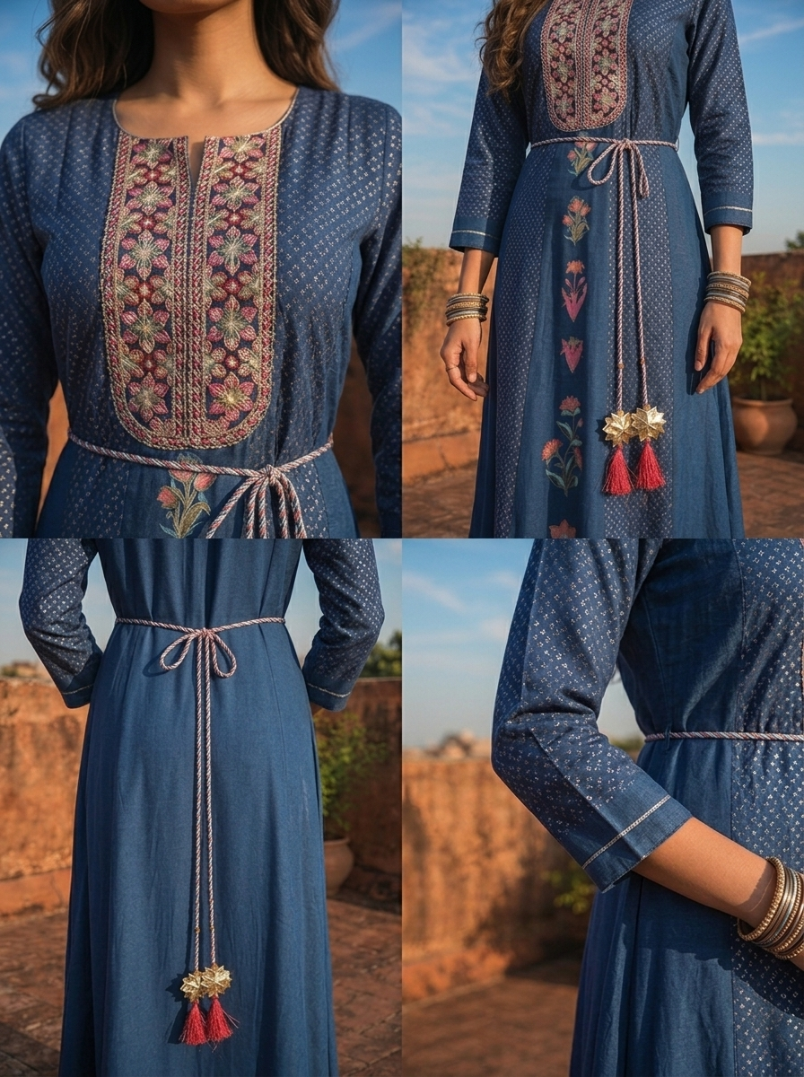 Blue Muslin Geometric Floral Motifs Printed Dress