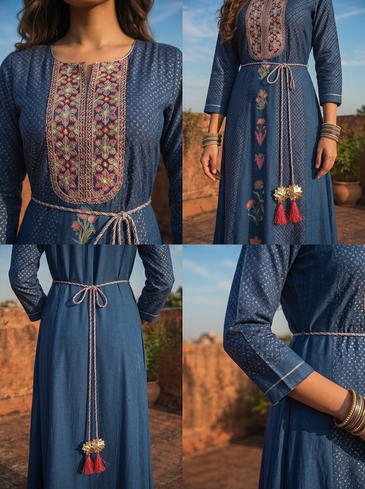 Blue Muslin Geometric Floral Motifs Printed Dress