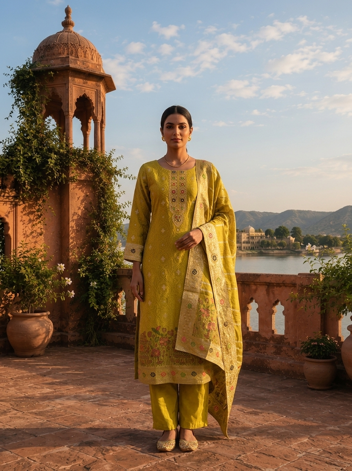 Variyali Green Silk Botanical Garden Motifs Weaved Three Piece Set