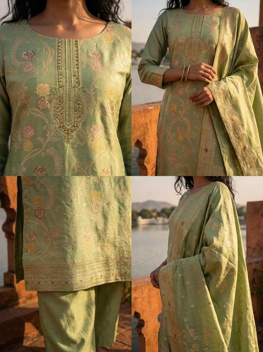 Sea Green Banaras Silk Scrolling Creeper Pattern Weaved Three Piece Set